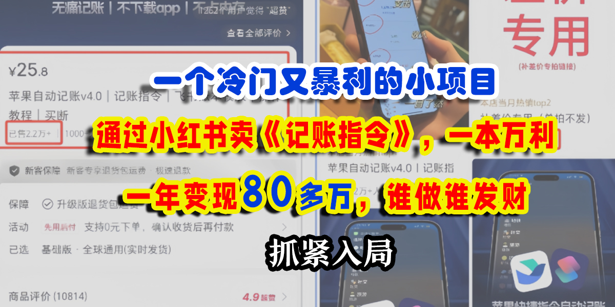 一个冷门又暴利的小项目，通过小红书卖《记账指令》，一本万利，一年变现80多万，谁做谁发财