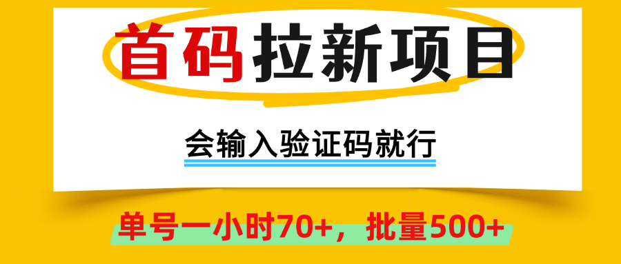 首码拉新项目，会输入验证码就行，绿色正规，单号一小时70+，批量500+