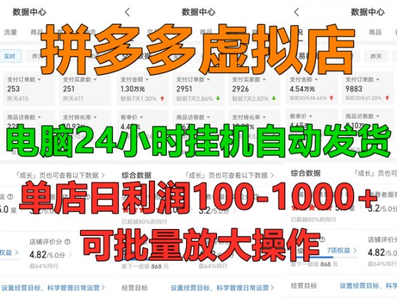 新手首选项目,拼多多虚拟店,电脑挂机自动发货,单店日利润500+,可批量放大操作