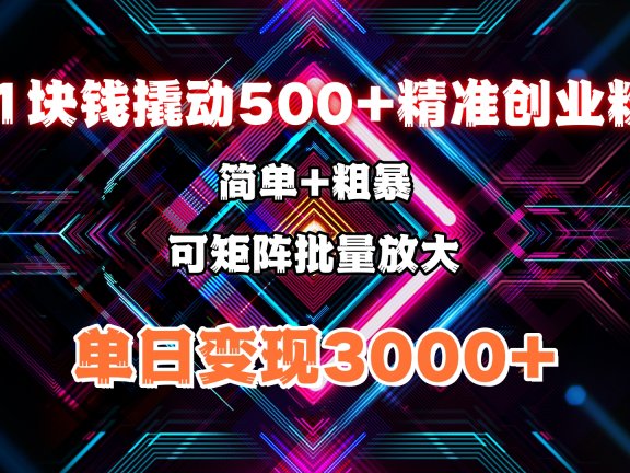 1块钱撬动500+精准创业粉，简单、粗暴、批量放大。单日变现3000+