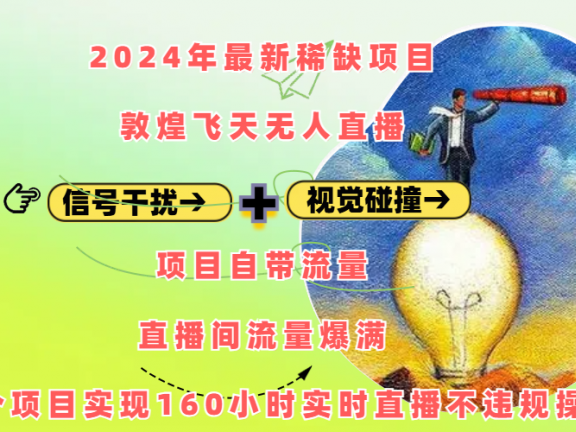 2024年最新稀缺项目敦煌飞天无人直播，内搭信号干扰+视觉碰撞防飞技术 ，项目自带流量，流量爆满，正个项目实现160小时实时直播不违规操