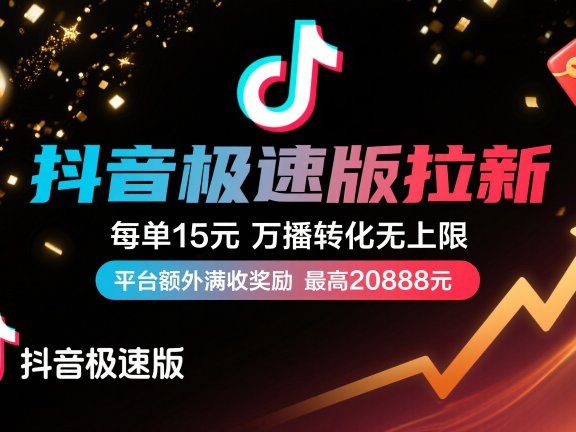 抖音极速版放福利，每单15元，万播转化无上限，平台额外满收奖励，最高可领20888元
